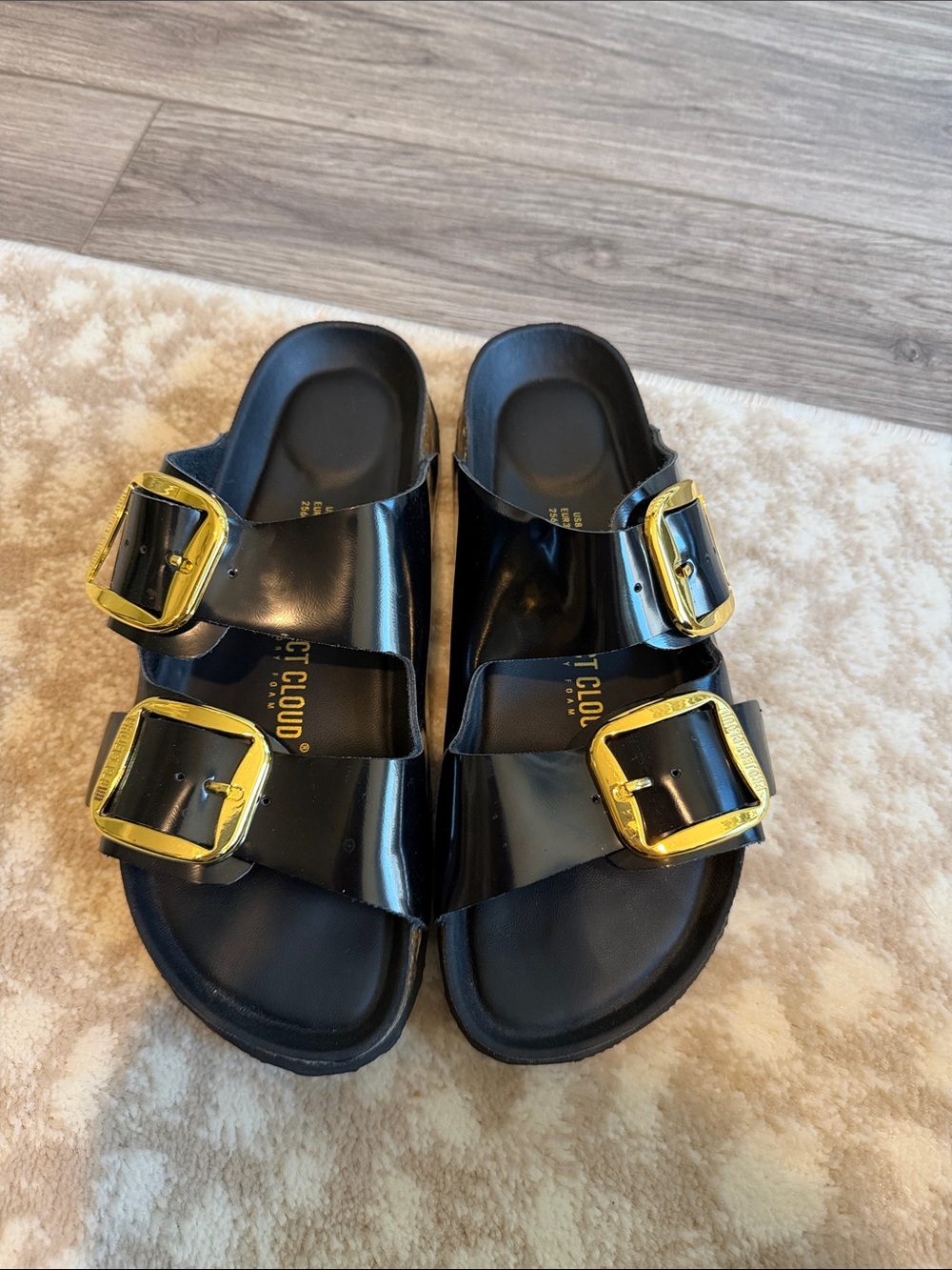 St. Cloud Black Patent Double-Buckle Slide Sandals with Gold Buckles